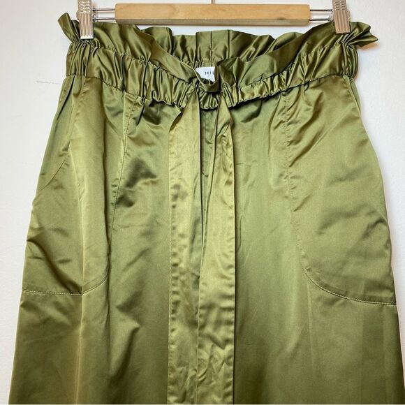 MILLY Kori Paperbag Gathered Waist Wide-Leg Satin Trouser Pants Olive Green M - Picture 8 of 13